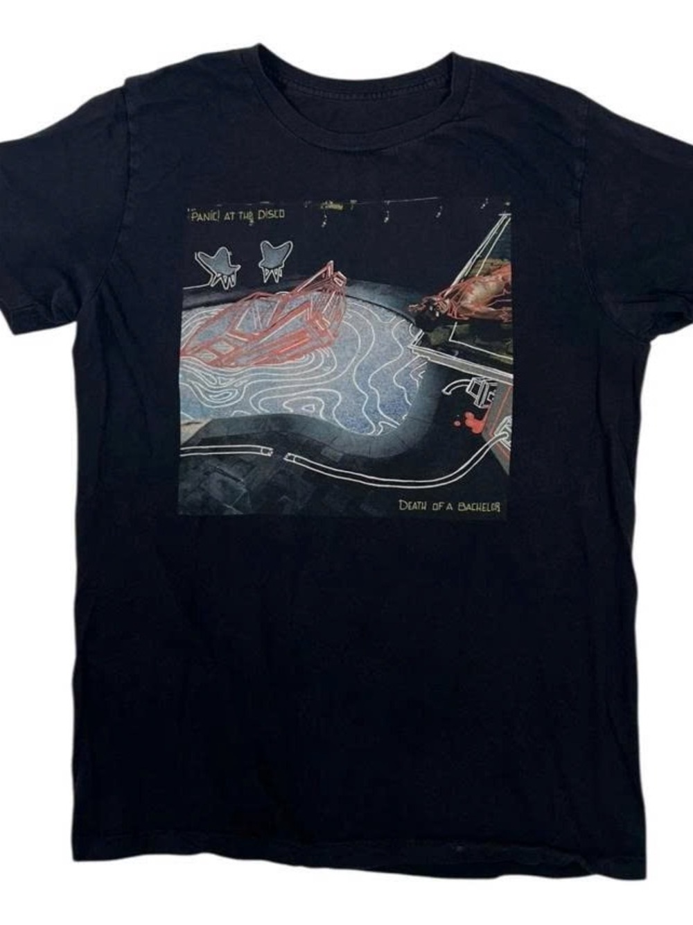 Black Short Sleeve Tee with Multicolor Band Artwork